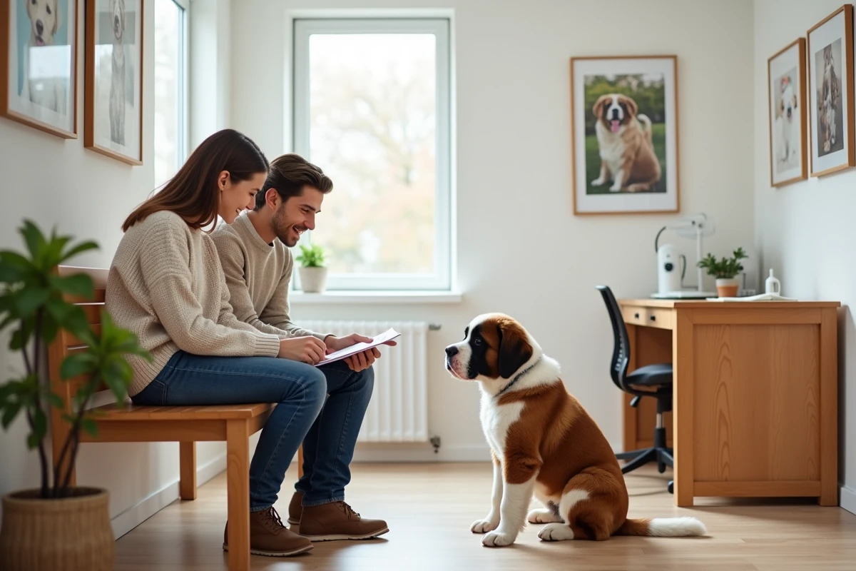 Couple en consultation d'adoption au Fonds Saint Bernard avec un chiot Saint Bernard en refuge