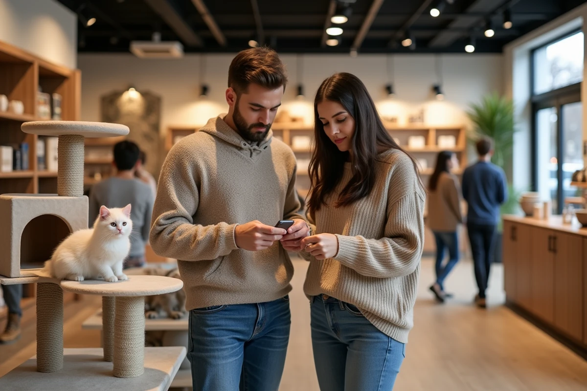 Jeune couple découvrant un chaton Birman en boutique