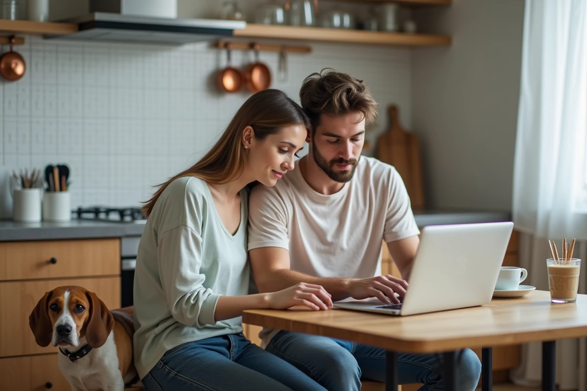 Couple consultant une offre d'assurance animaux en ligne avec leur chien beagle à la maison