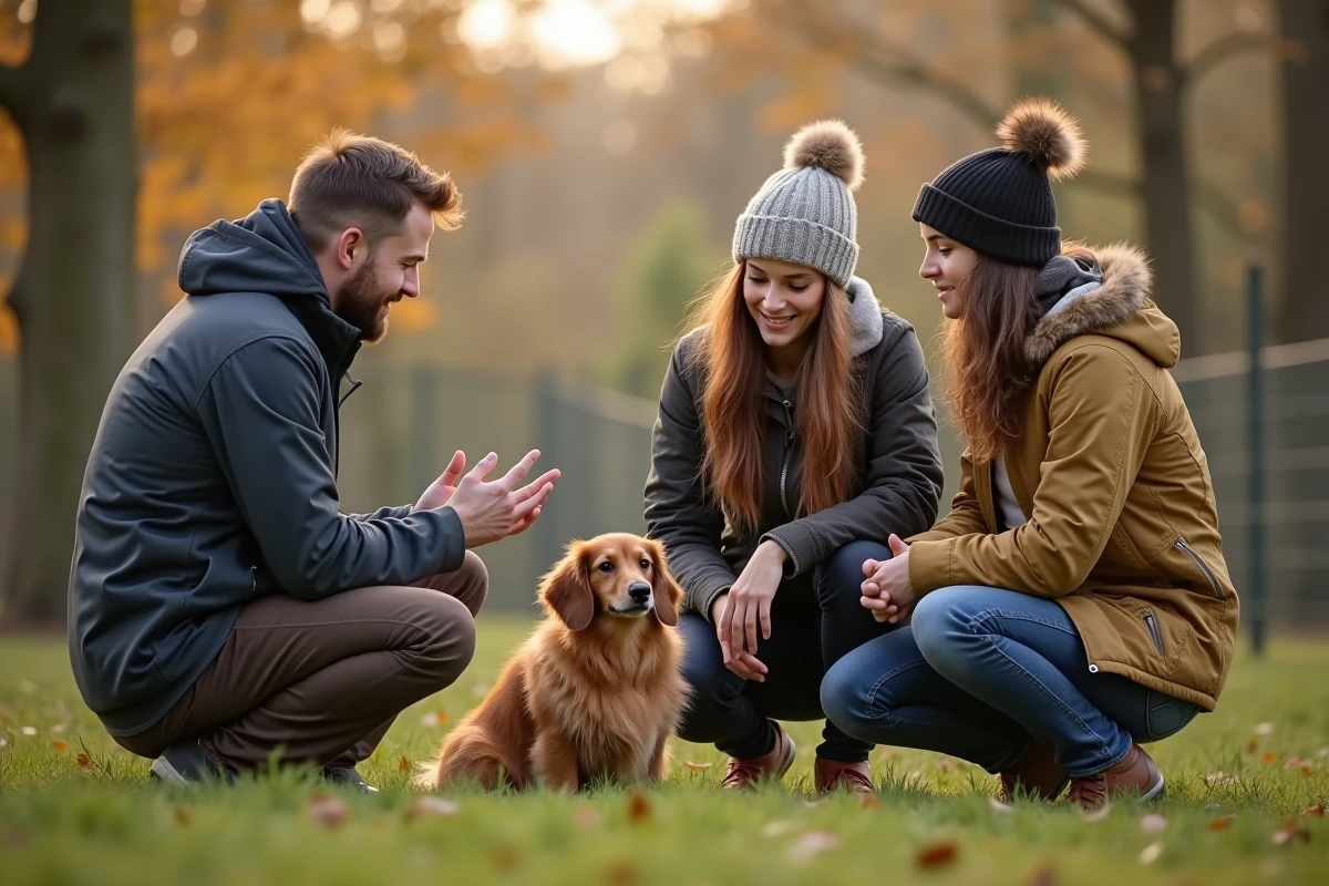 Jeune couple avec chien dachshund dans un jardin