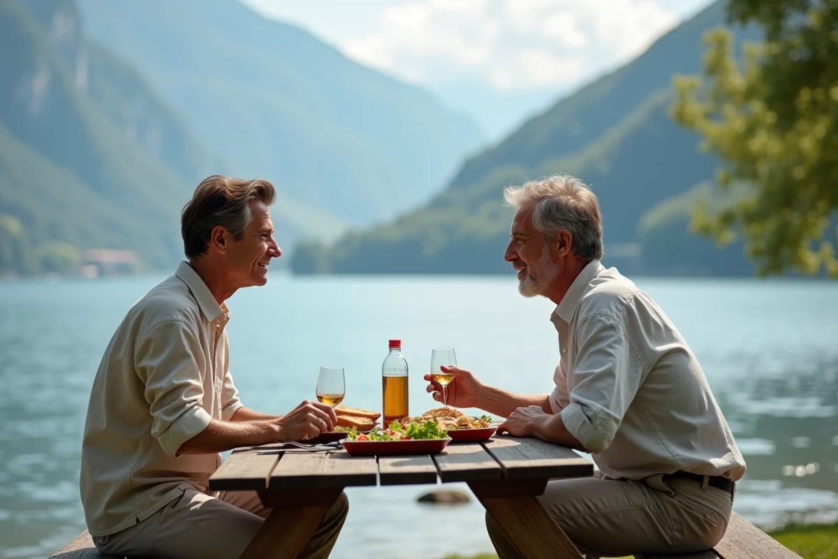Couple pique-niquant au bord du lac d'Annecy avec vue sur les montagnes alpines