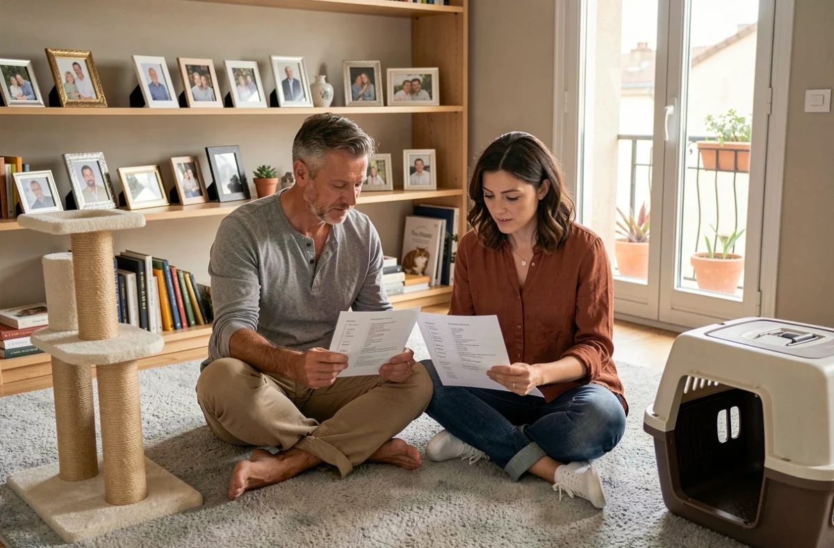 Couple préparant leur appartement grenoblois avant l'adoption d'un chat avec liste de contrôle et accessoires félins