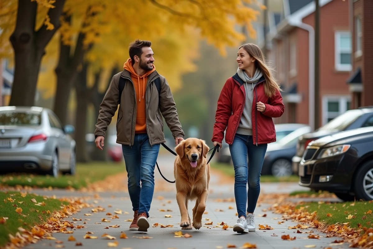 Jeune couple marche avec leur chien dans le quartier