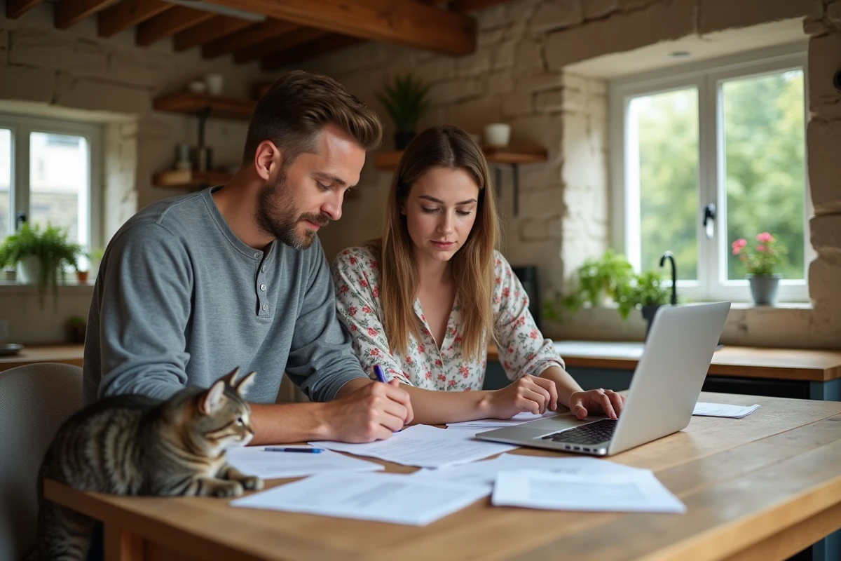 Couple rural consultant des documents d'assurance animaux à la table de leur ferme avec leur chat, choix d'une mutuelle animaux en campagne