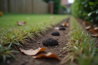 Crottes de renard sur le sol d'un jardin en banlieue, entourées de feuilles mortes et d'herbe sèche