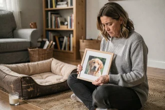 Femme en deuil tenant la photo de son chien décédé, assise près du panier vide de son animal