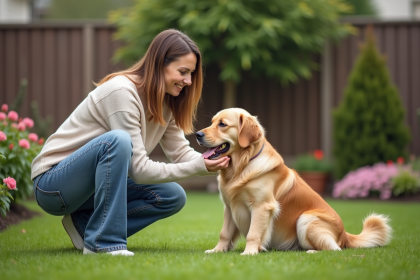 Femmes assise dans le jardin avec un retriever doré