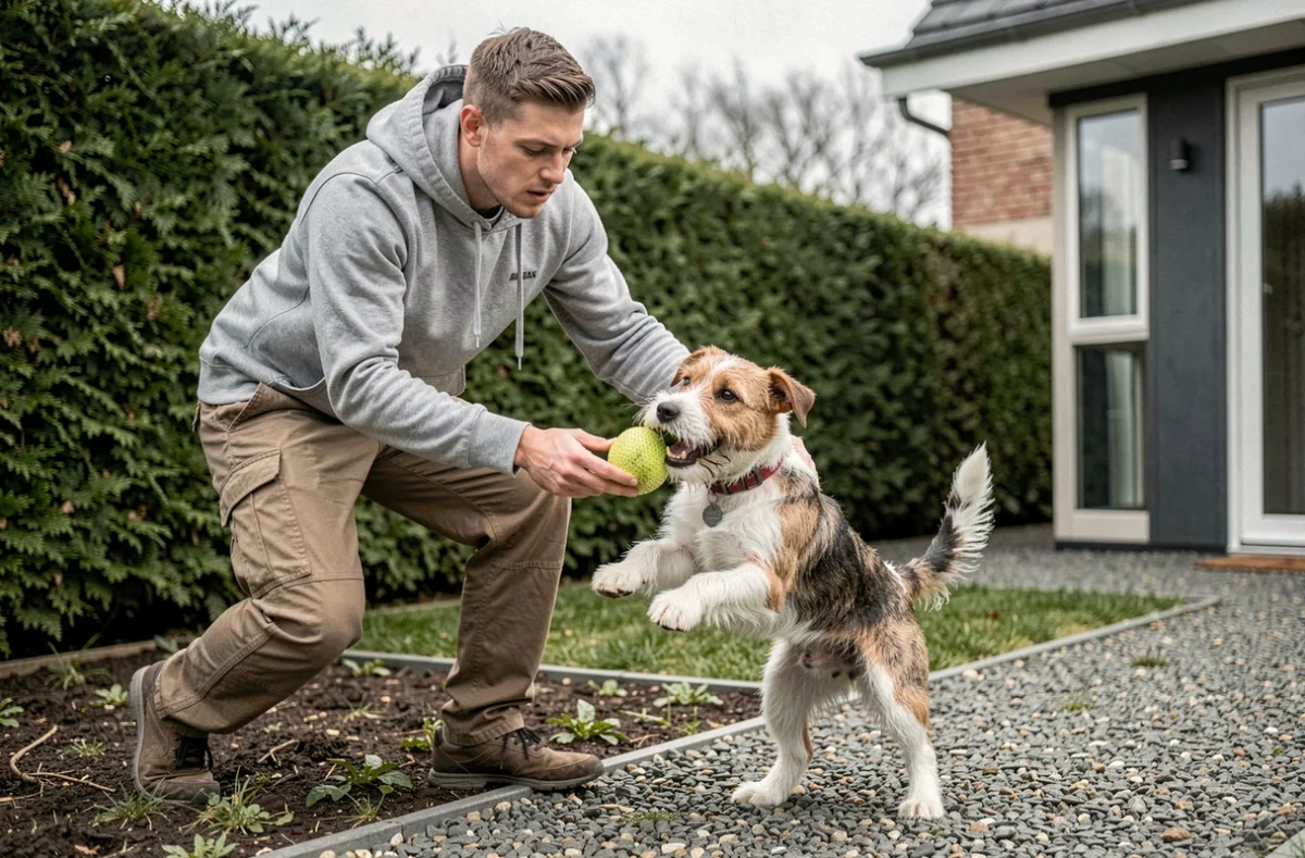 Éducateur canin de DogShine à Saint-André-de-Cubzac travaillant avec un terrier actif dans un jardin soigné