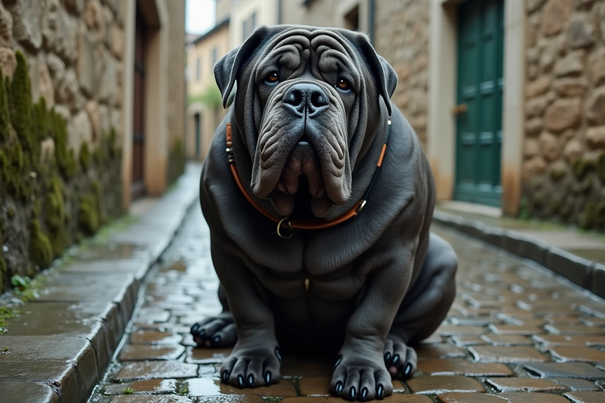 Dogue de Naples massif aux bajoues imposantes et à l'expression comique assis sur des pavés mouillés dans une ruelle européenne pittoresque