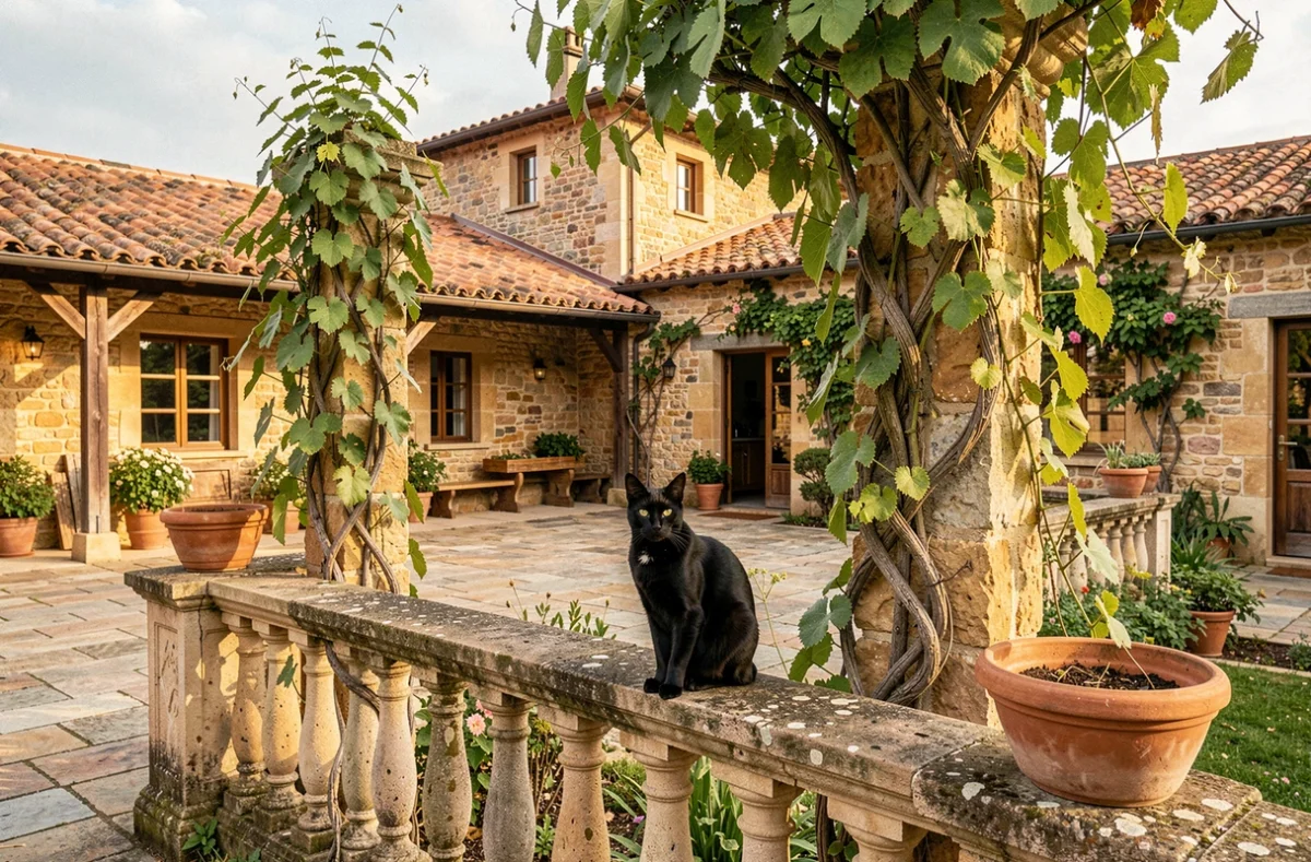 Chat noir posé sur un muret de pierre dans la cour provençale du Domaine de Gazzo Padovano
