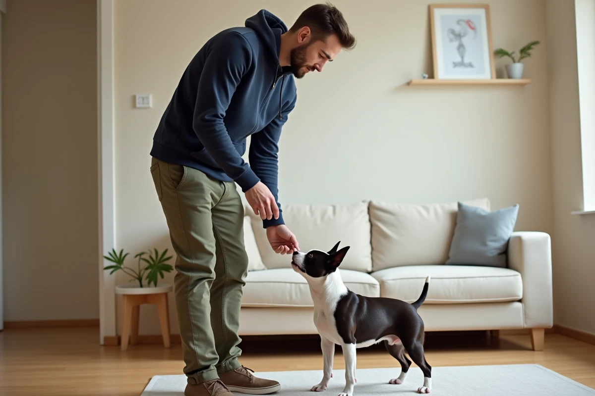 Homme entraînant un Boston Terrier adulte rescapé de refuge à l'intérieur d'un appartement avec un clicker, séance de rééducation positive