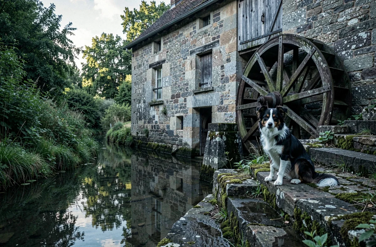 Moulin de Labatut à Saint-Paul en Gironde avec un border collie sur les marches en pierre au bord du ruisseau