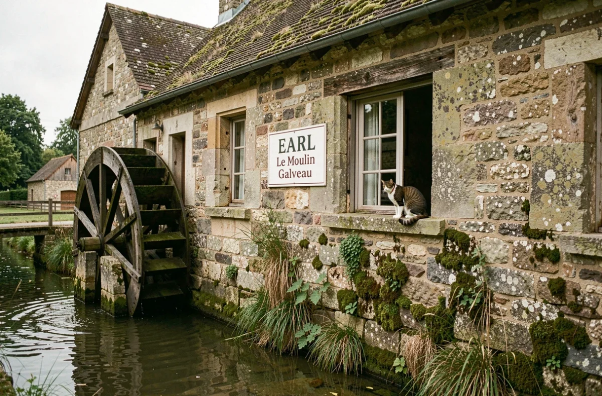 Chat perché sur le rebord en pierre d'un ancien moulin converti en pension animale, EARL Le Moulin Galveau