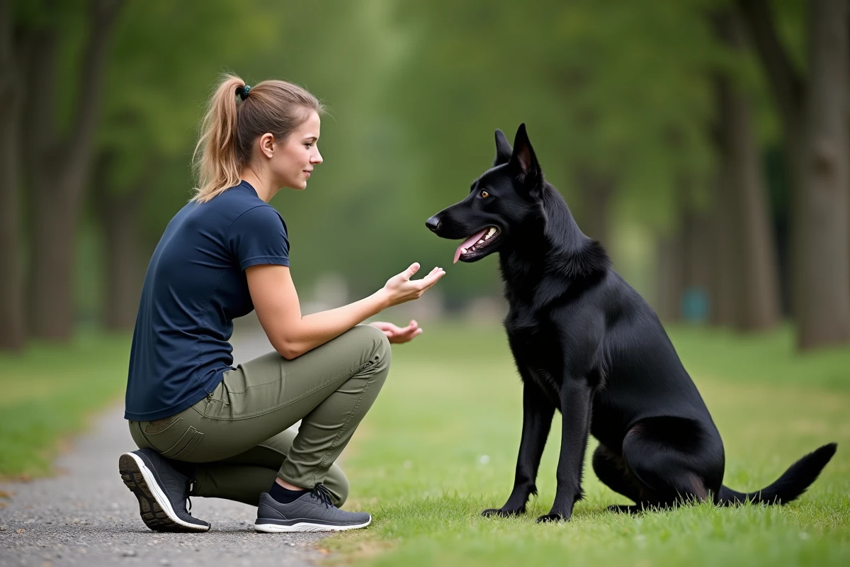 Éducatrice canine en train de rassurer un berger allemand noir légèrement agressif dans un parc en plein air