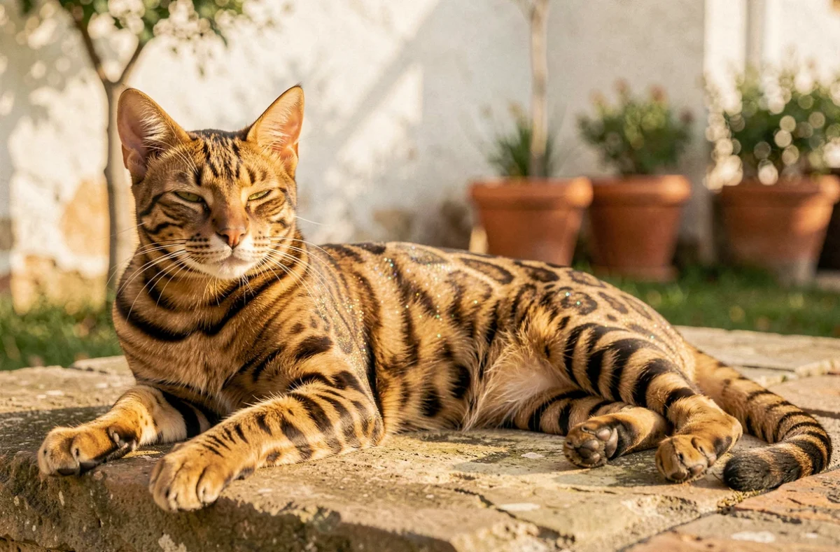 Chat Bengal aux rosettes dorées et brunes allongé sur une surface en pierre naturelle dans un jardin du Sud-Ouest