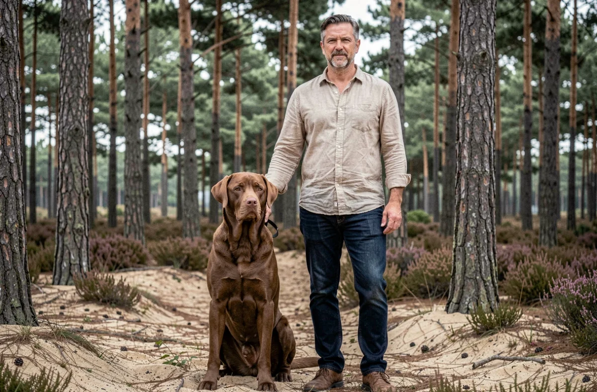 Éleveur de l'Élevage de Leyre à Salles avec un labrador retriever en bordure de forêt de pins landais