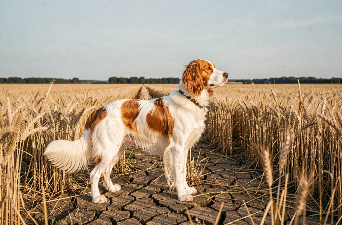 Setter Anglais en posture de chasse dans un champ de blé en Gironde, élevage de la Plaine du Touron