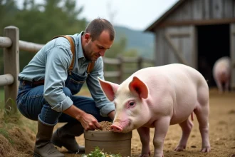 Éleveur préparant une alimentation enrichie en herbes et légumes pour renforcer l'immunité d'un cochon dans une ferme rurale