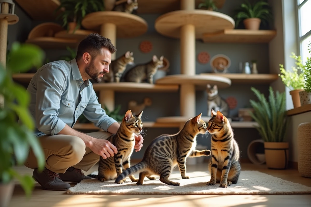 Homme avec chats egyptian mau dans aire de jeu