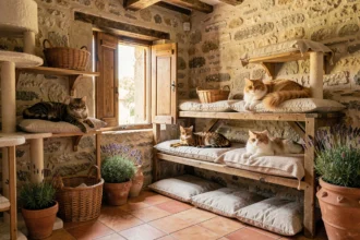 Salle d'élevage féline en Nouvelle-Aquitaine avec plusieurs chats de race dans un cadre rustique en pierre