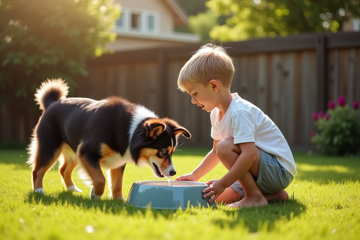 Enfant donnant à boire à son chien dans le jardin ensoleille