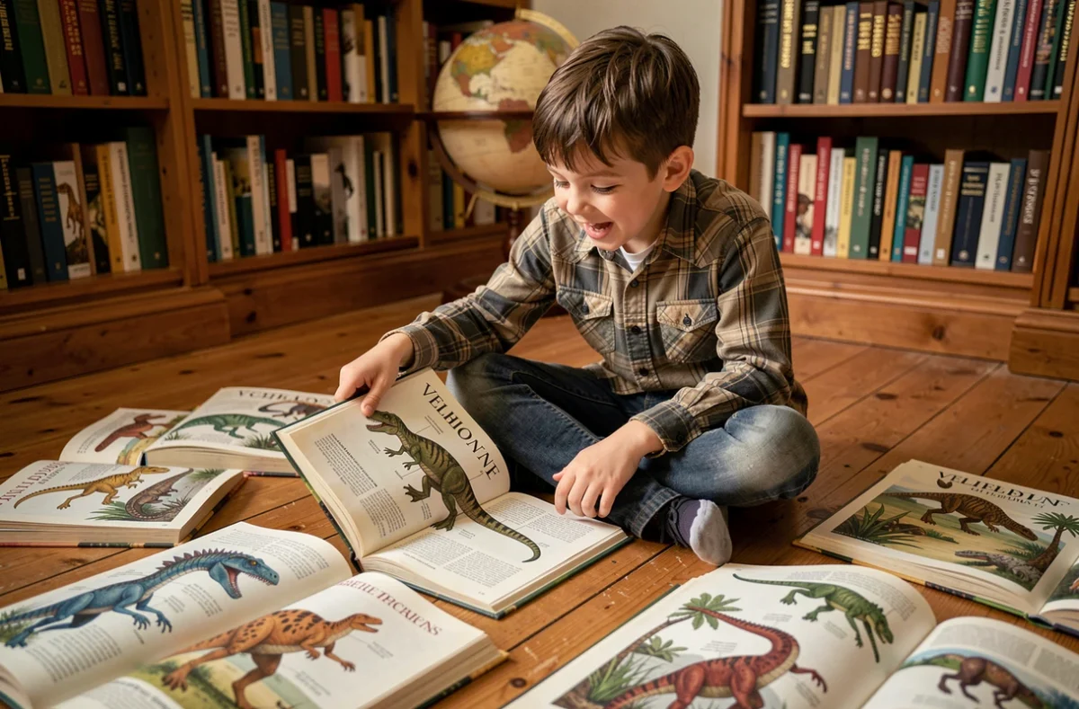 Enfant découvrant les noms scientifiques des dinosaures carnivores dans des encyclopédies illustrées