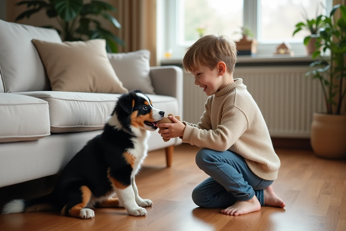 Garçon jouant avec un chiot australien dans le salon