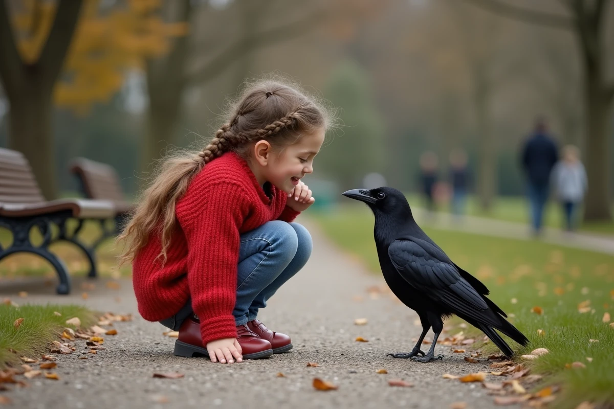 Petite fille observant curieusement un corbeau dans un parc, scène naturelle illustrant la découverte des oiseaux pour les enfants