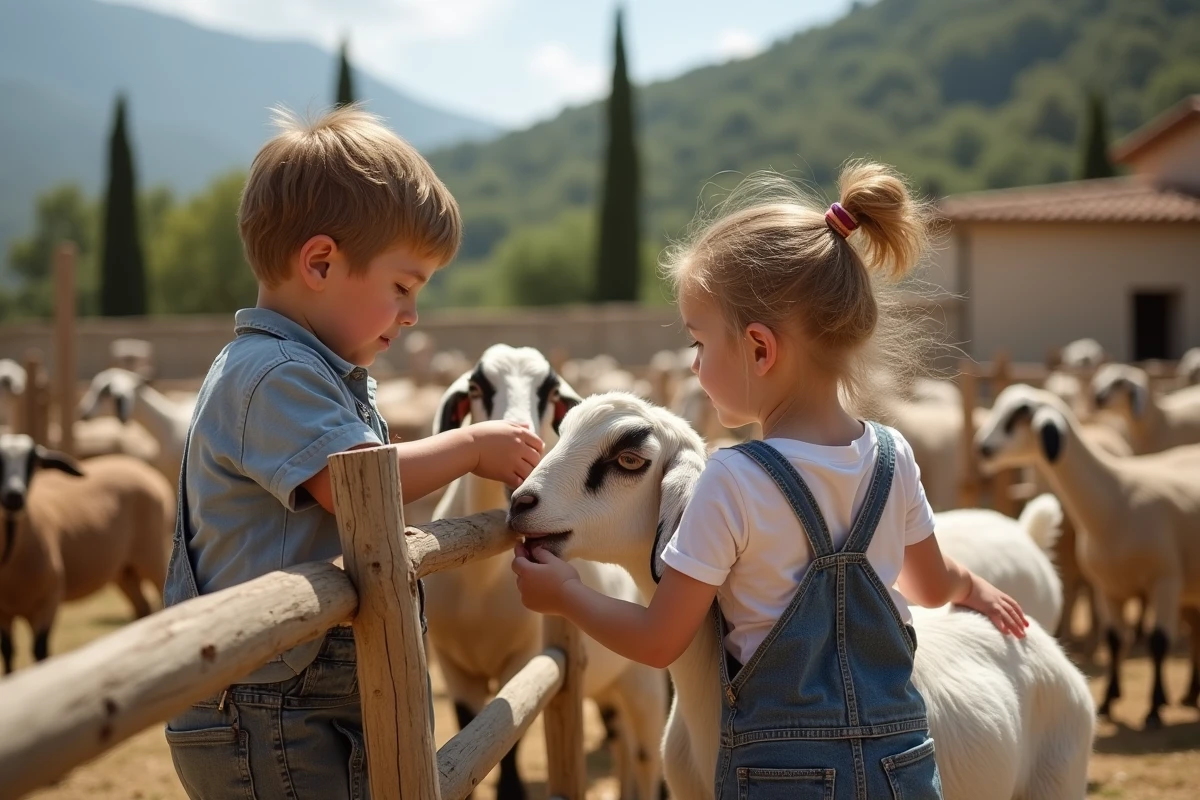 Enfants nourrissant des chèvres dans un pré provençal