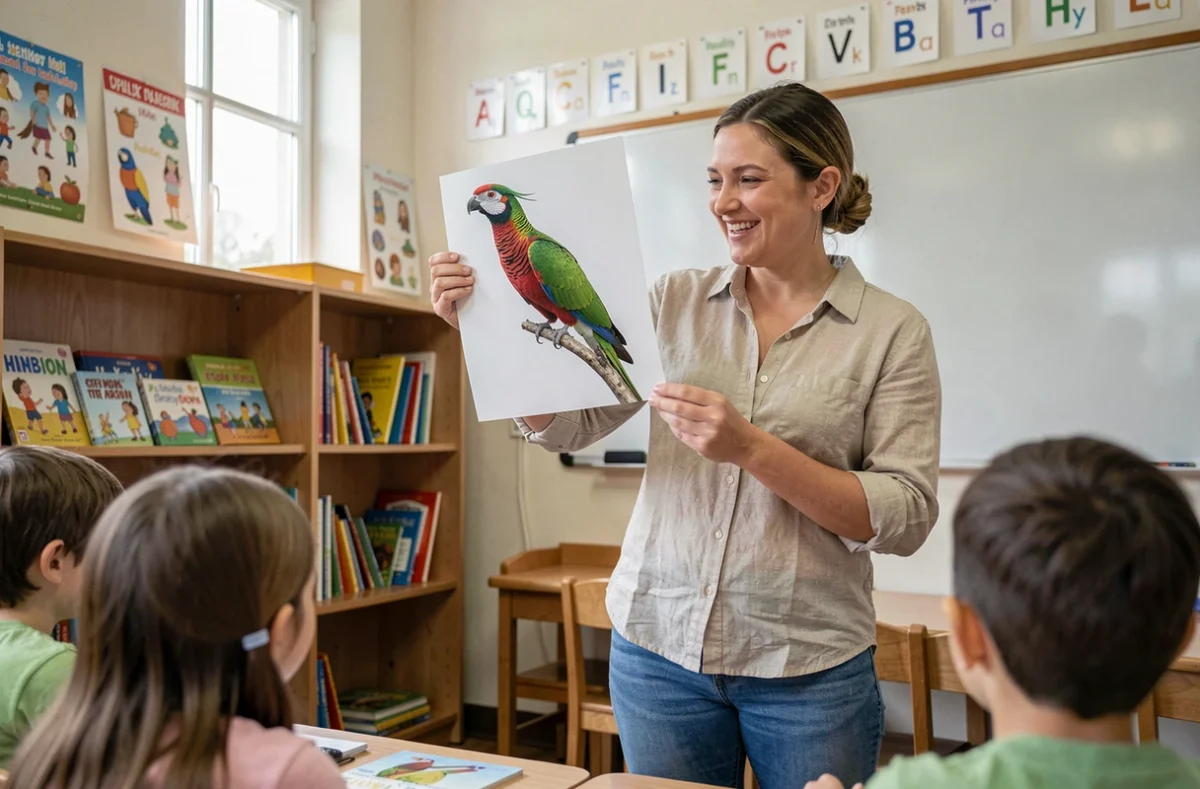 Enseignante présentant une carte illustrée d'un quetzal lors d'une activité pédagogique sur les animaux en Q