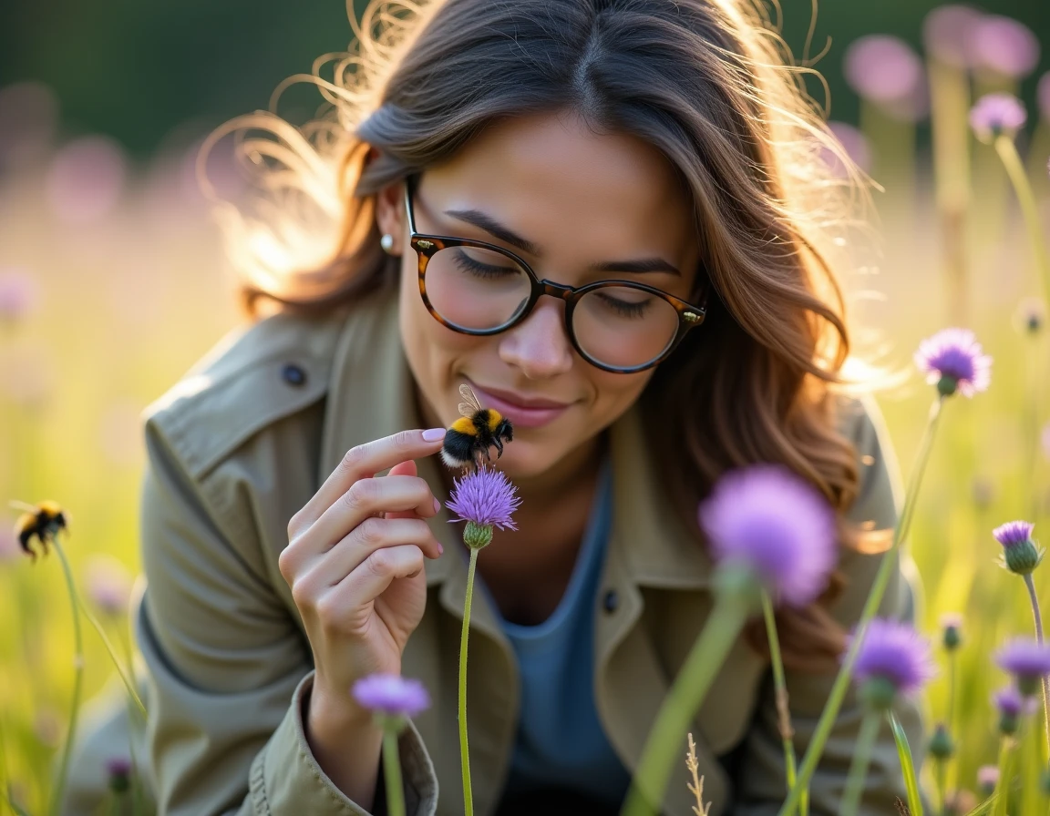 Entomologiste femme examinant un bourdon sur une fleur sauvage dans une prairie, illustration de l'étude des insectes sur le terrain