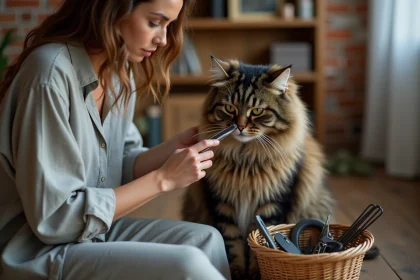 Femme qui démêle le pelage d'un chat Maine Coon avec un peigne métallique sur un parquet en bois