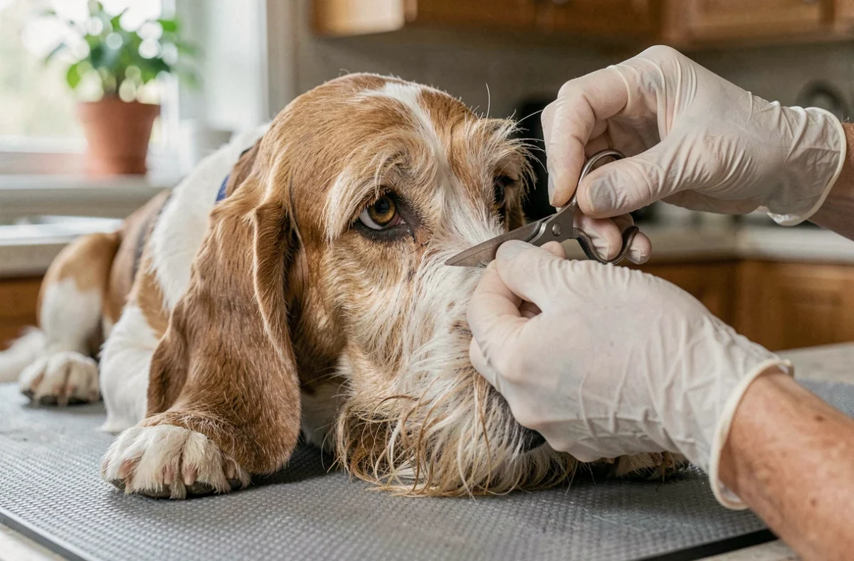 Coupe et entretien du poil du visage d'un basset Griffon vendéen à la maison
