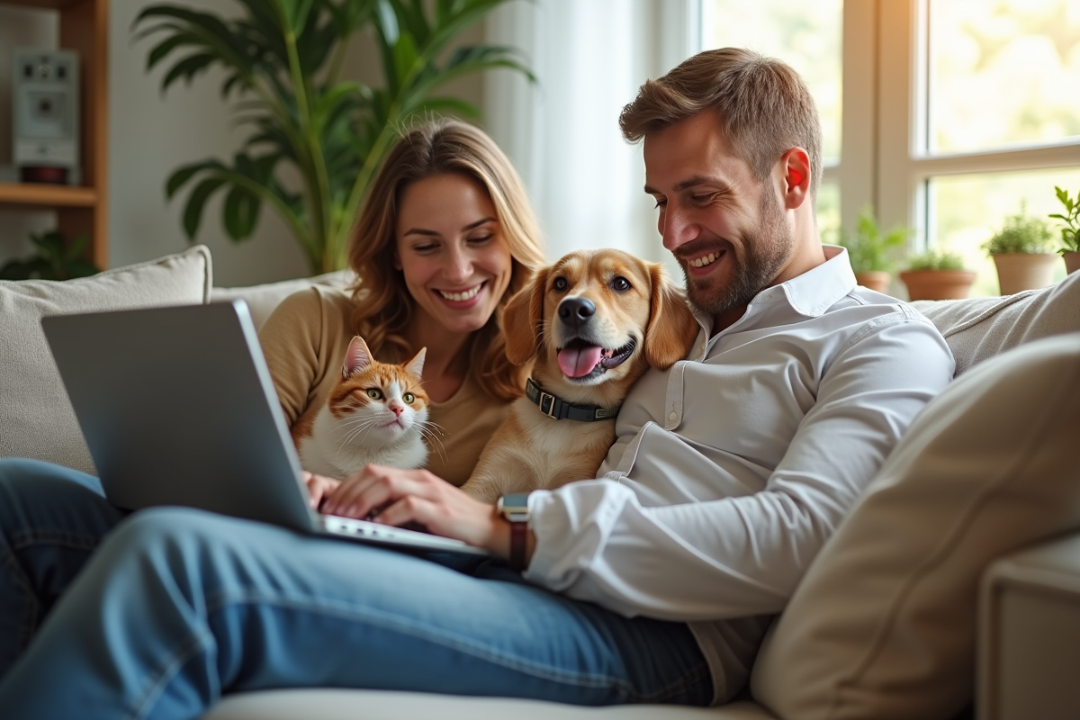 Famille heureuse avec chat et chien recherchant assurance santé sur un ordinateur