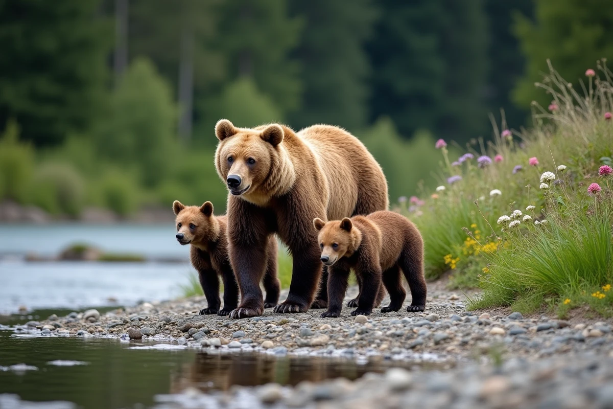 ours femelle avec deux oursons sur la rive d
