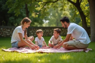 Famille installant un pique-nique sur la pelouse à l'extérieur d'un zoo en été