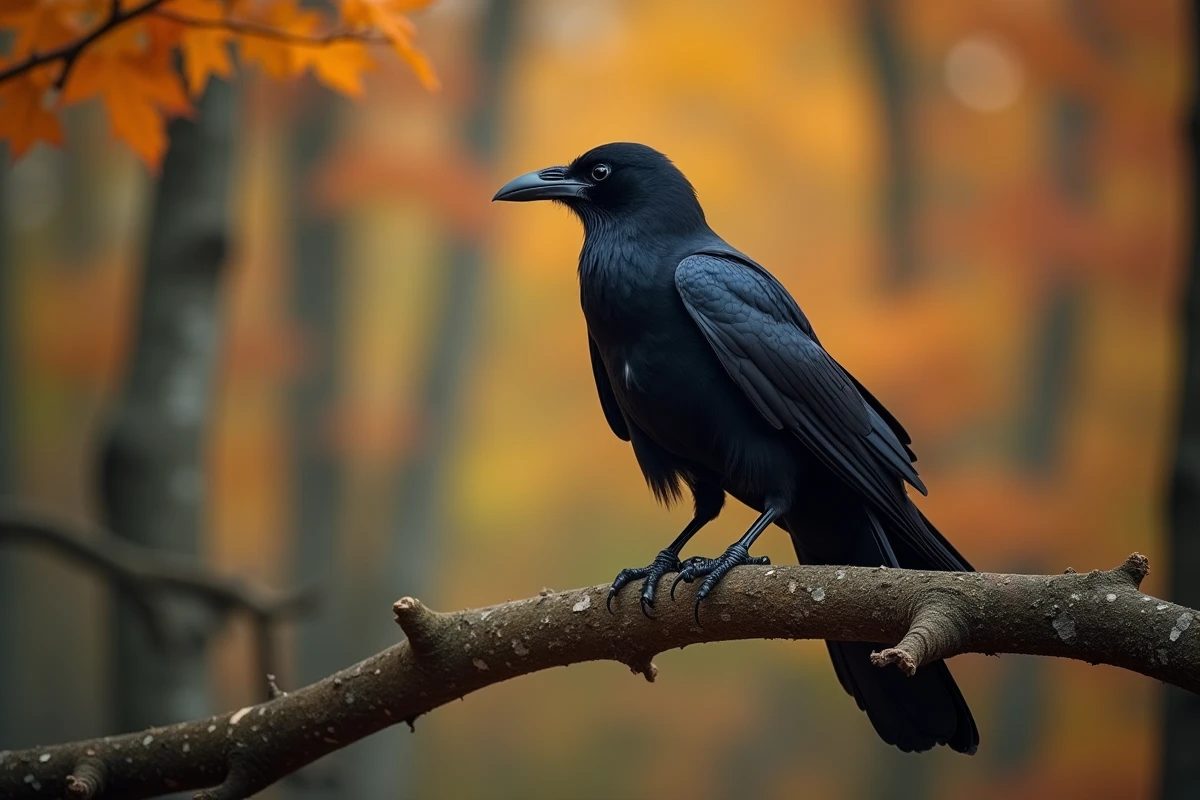 Corbeau femelle posé sur une branche de chêne en forêt automnale, plumes noires détaillées et environnement boisé