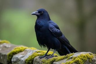Femelle corbeau perchée sur un mur en pierre moussu dans la campagne, plumage noir irisé et regard perçant