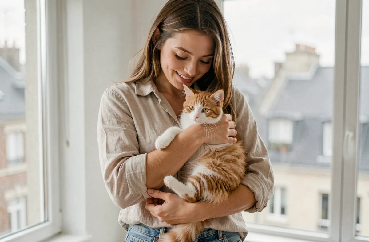 Jeune femme tenant tendrement un chaton roux et blanc de 3 mois dans ses bras dans un appartement à Rennes, illustrant une adoption féline responsable