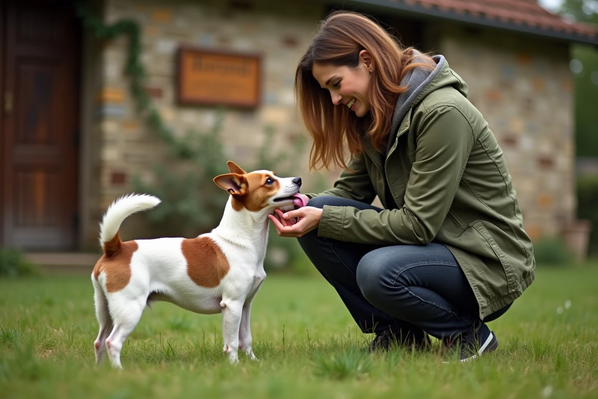 Femme adoptant un petit chien dans un centre de sauvetage canin en Gironde, interaction affectueuse à l'extérieur