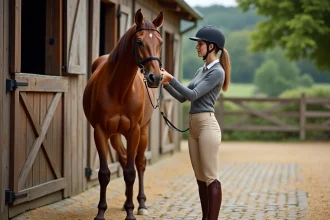Femme adulte débutante en équitation découvrant le contact avec un cheval dans un centre équestre rural