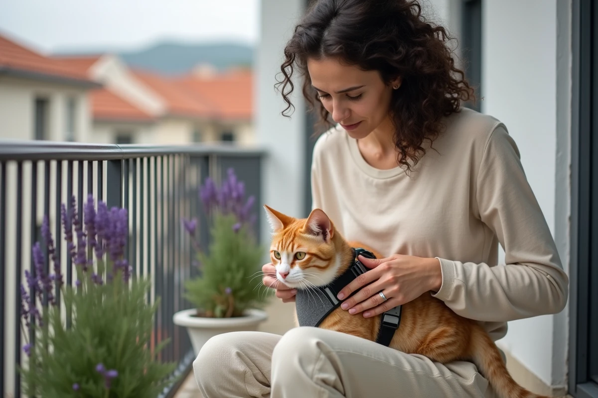 Femme ajustant un harnais sécurisé anti-évasion sur un chat roux sur un balcon avec rambarde en fer forgé
