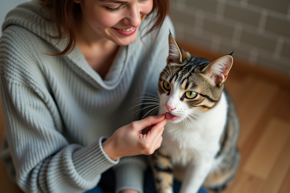 Jeune femme donnant de la pâte anti-hairball à son chat