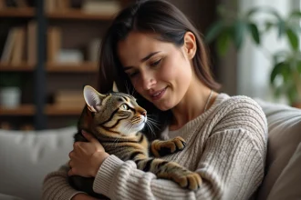 Femme inquiète tenant un chat aux pupilles dilatées