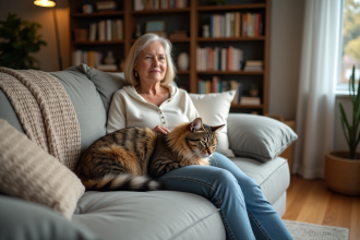 Femme d'âge moyen avec chat assis sur un canapé moderne