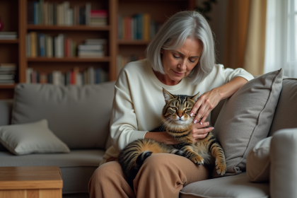Femme caressant un chaton adulte dans un salon chaleureux