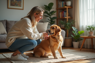 Femme caressant un golden retriever dans un salon chaleureux