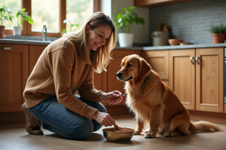 Femme souriante donne nourriture gourmet à son chien dans la cuisine