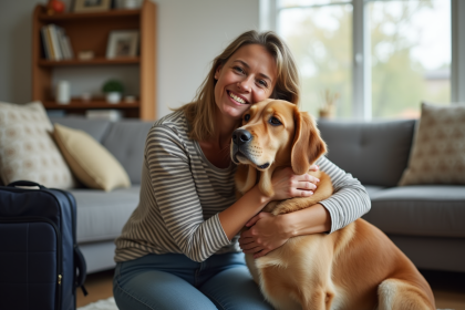 Femme souriante avec son retriever dans un salon chaleureux