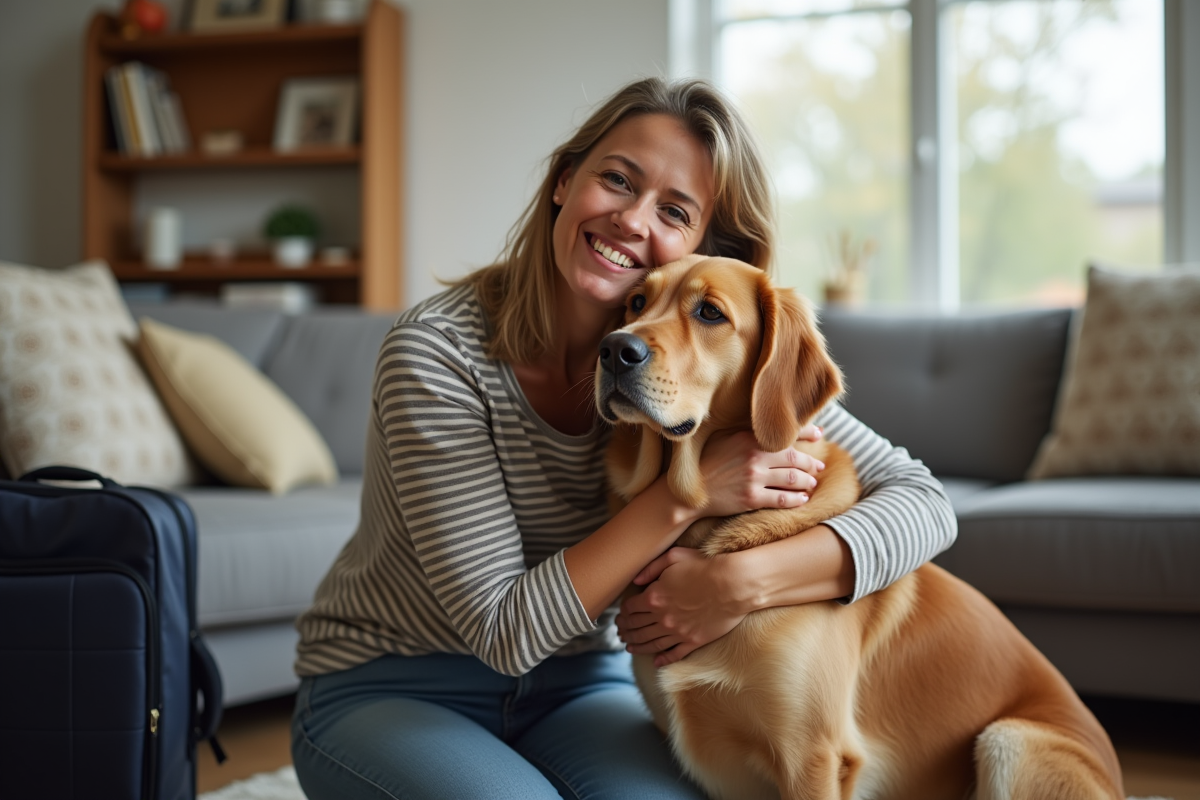 Femme souriante avec son retriever dans un salon chaleureux